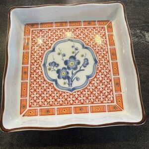 Vintage Japanese Imari-style Porcelain Square Decorative Dish in Orange and Blue
